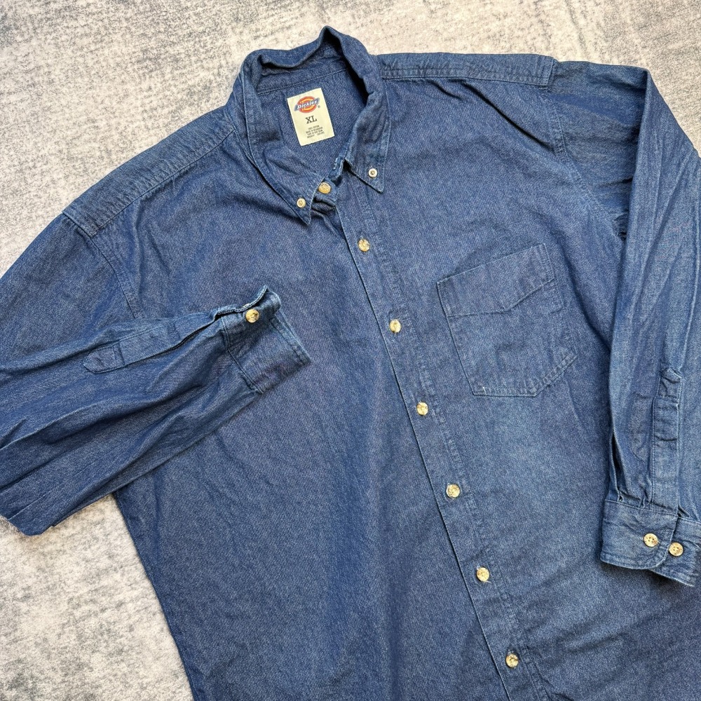 Dickies Denim Shirt Mens XL Dark Wash Blue Jean Heavy Cotton Workshirt Chore